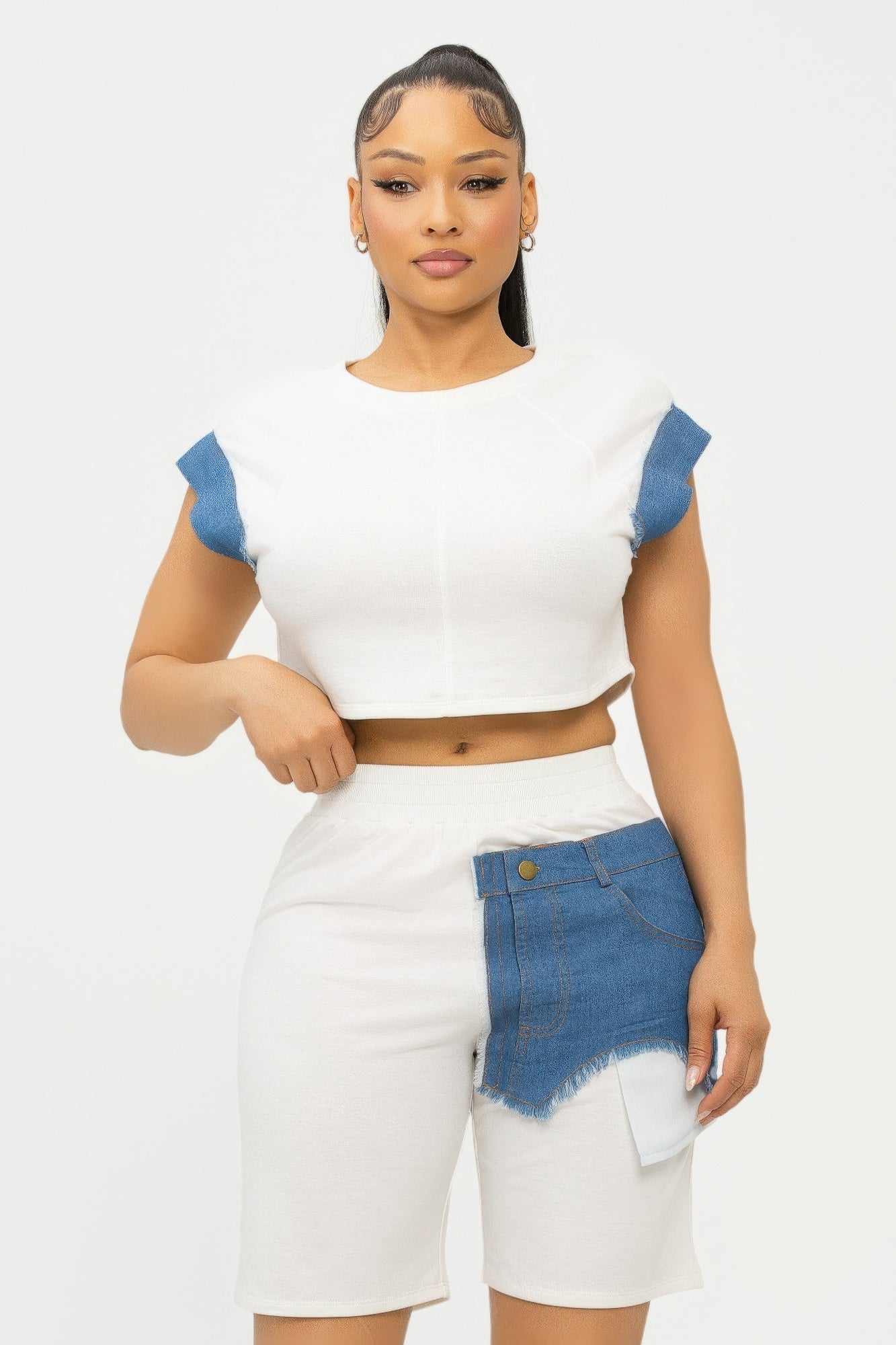 Road block Denim Sleeve Top And Biker Shorts Set - AV Fashion’s