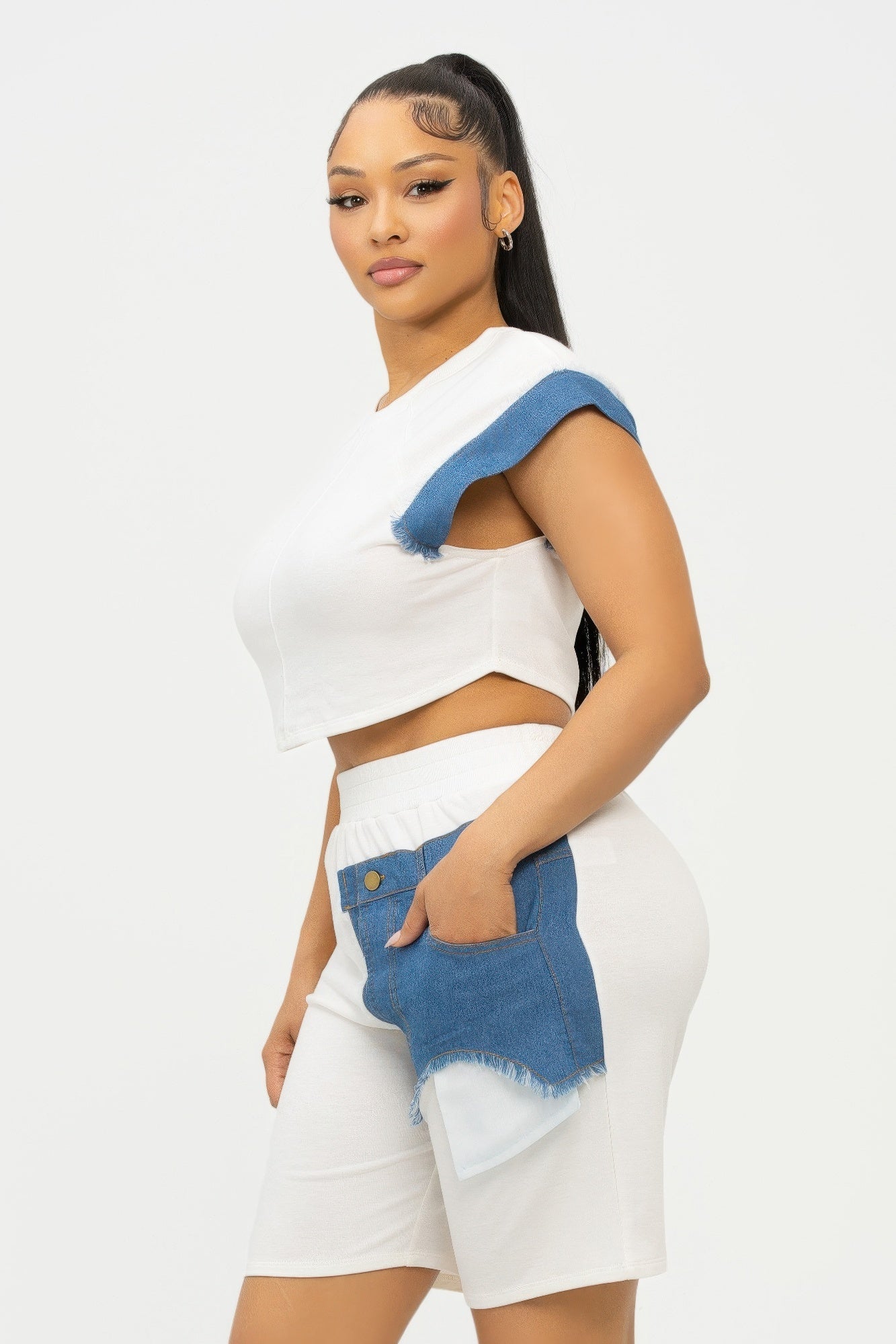 Road block Denim Sleeve Top And Biker Shorts Set - AV Fashion’s