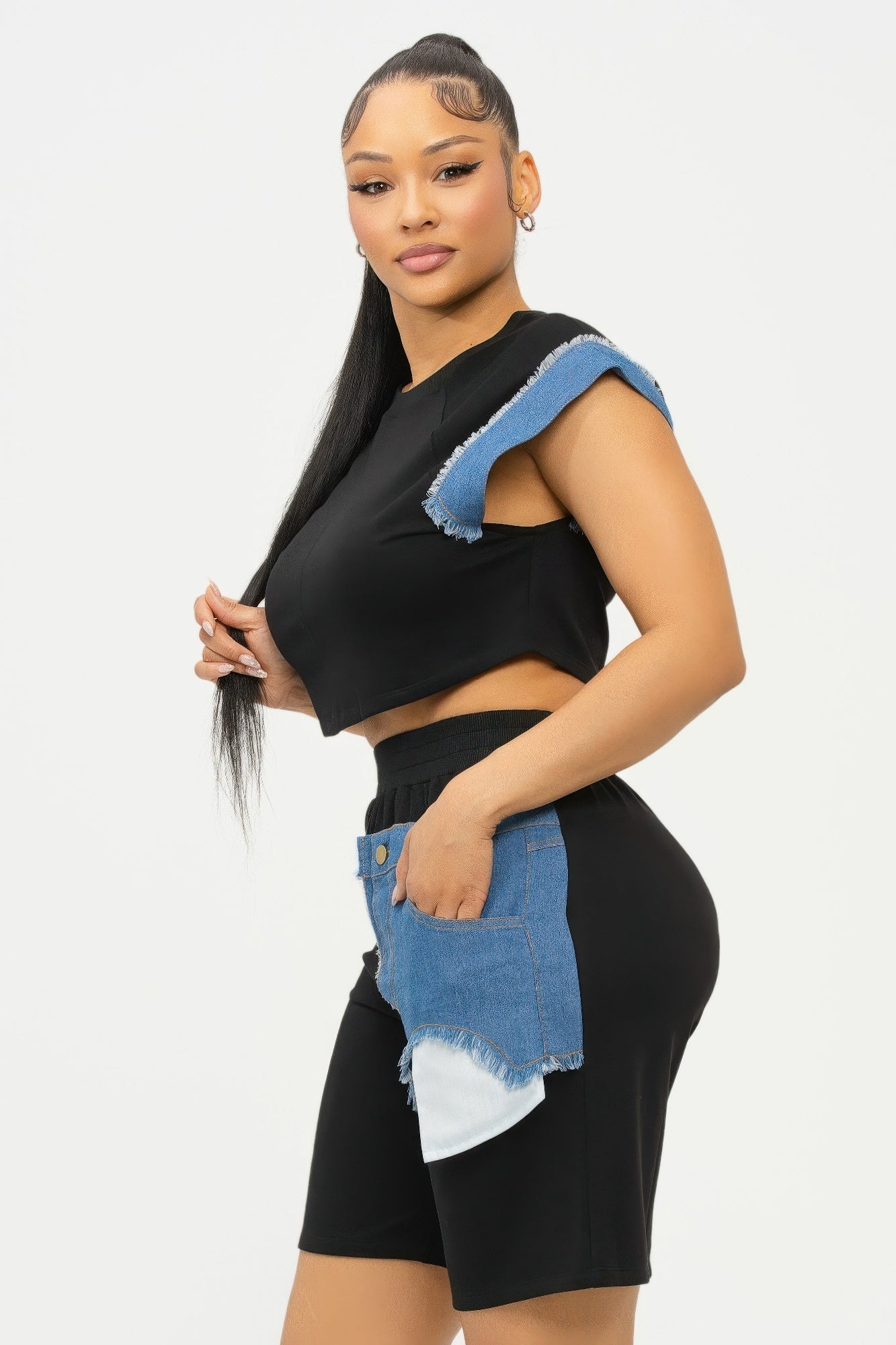 Road block Denim Sleeve Top And Biker Shorts Set - AV Fashion’s