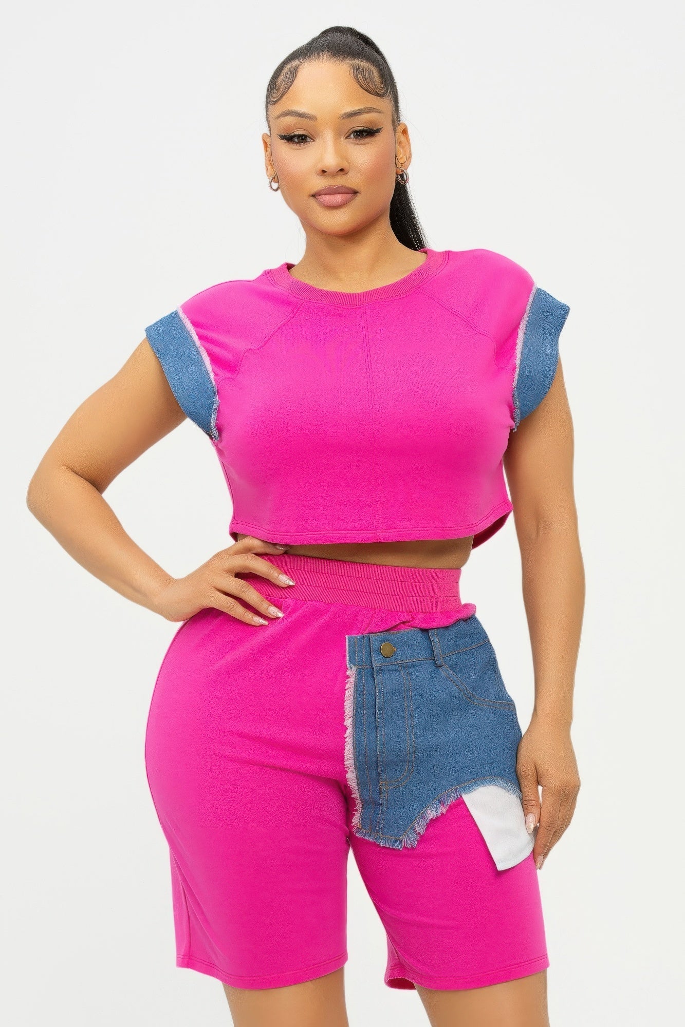 Road block Denim Sleeve Top And Biker Shorts Set - AV Fashion’s