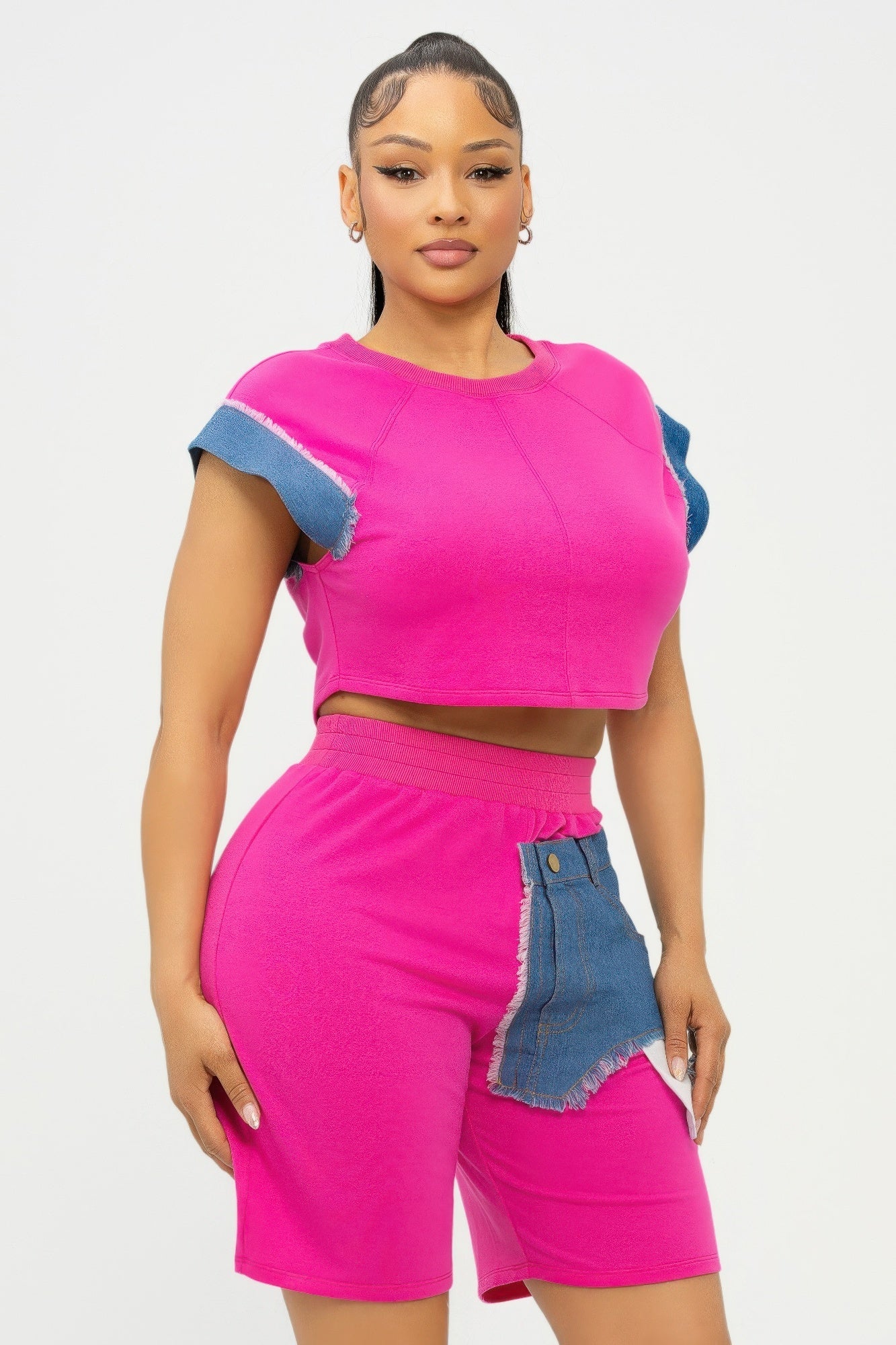 Road block Denim Sleeve Top And Biker Shorts Set - AV Fashion’s