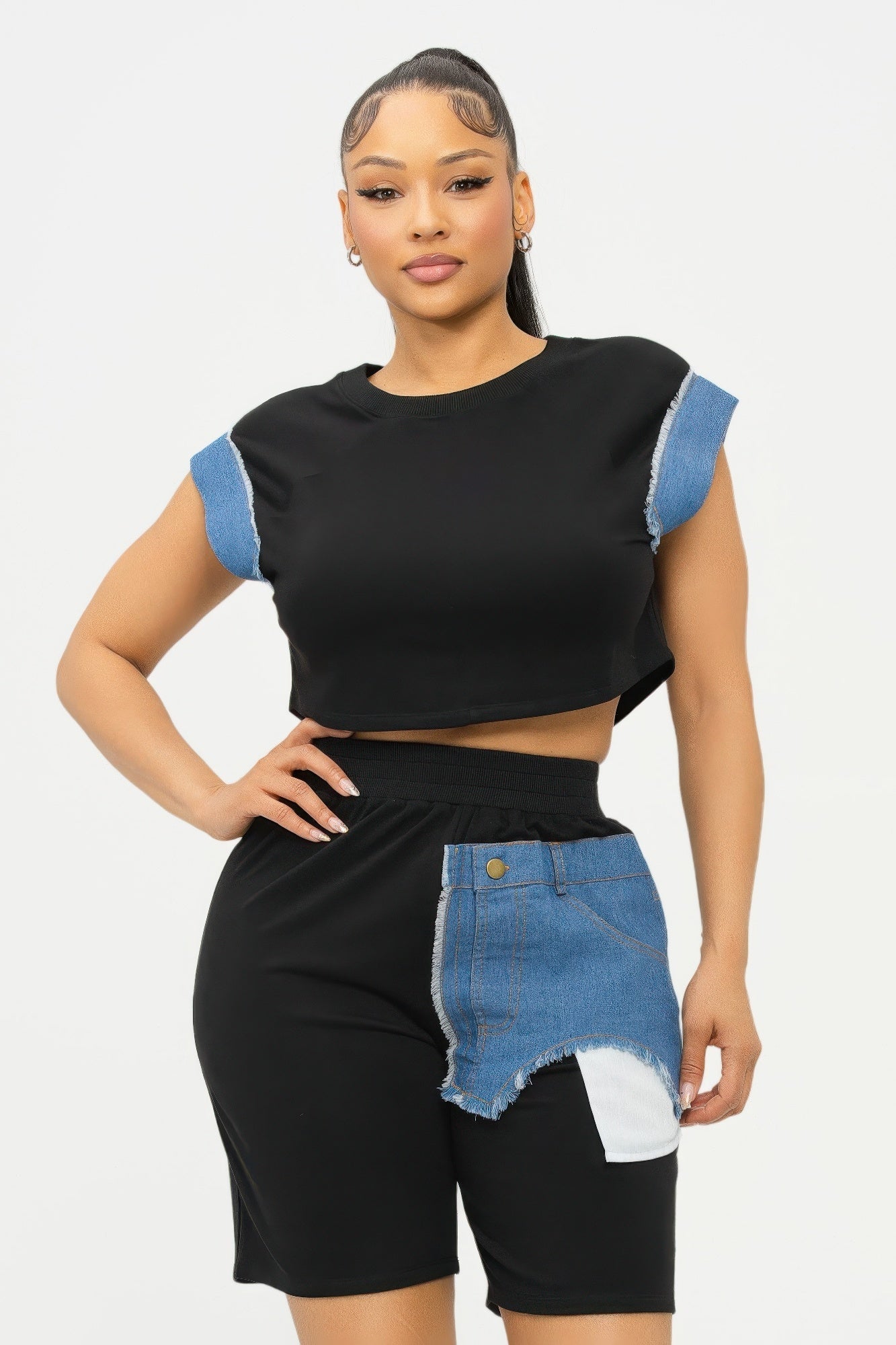 Road block Denim Sleeve Top And Biker Shorts Set - AV Fashion’s