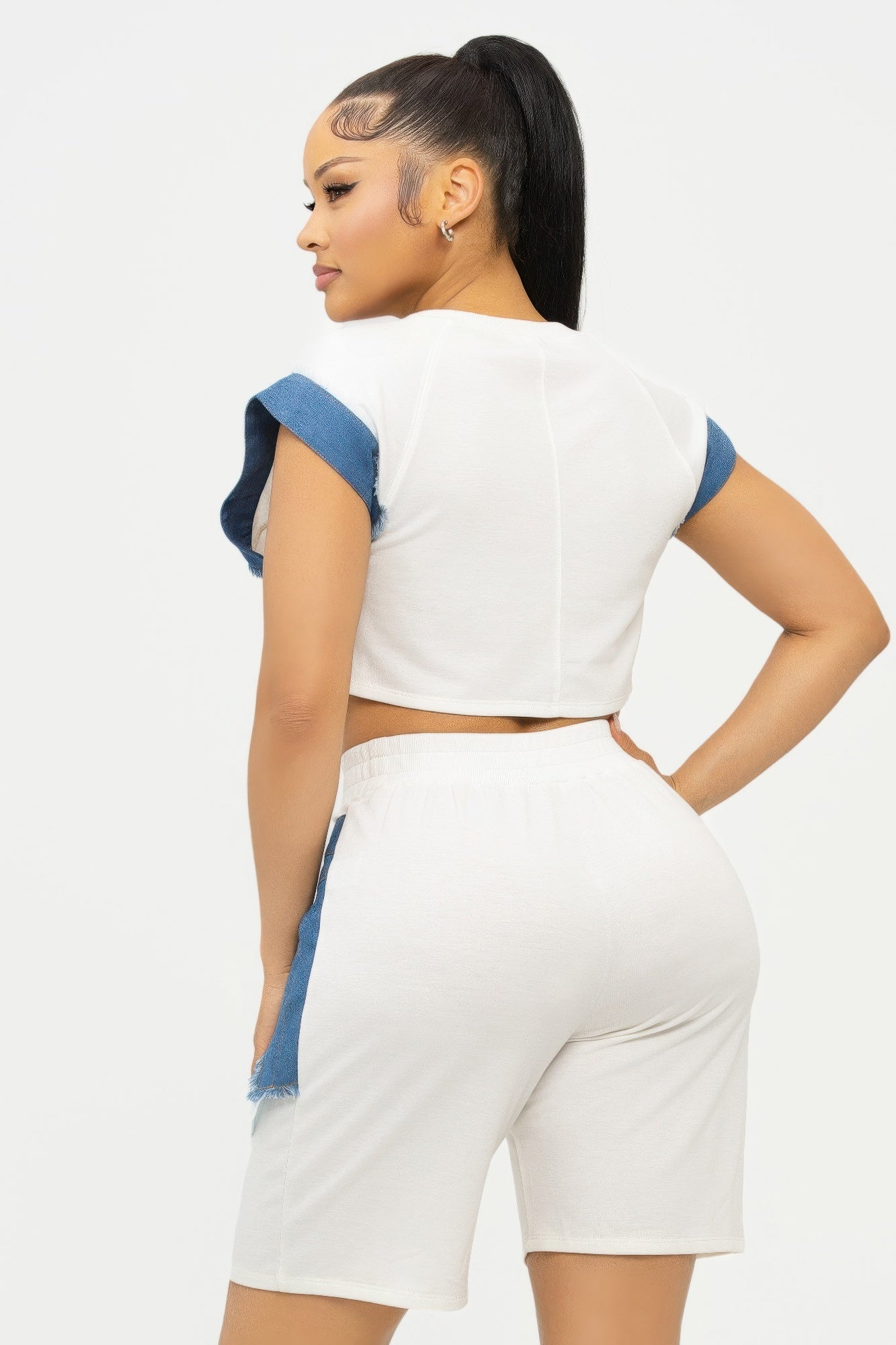 Road block Denim Sleeve Top And Biker Shorts Set - AV Fashion’s