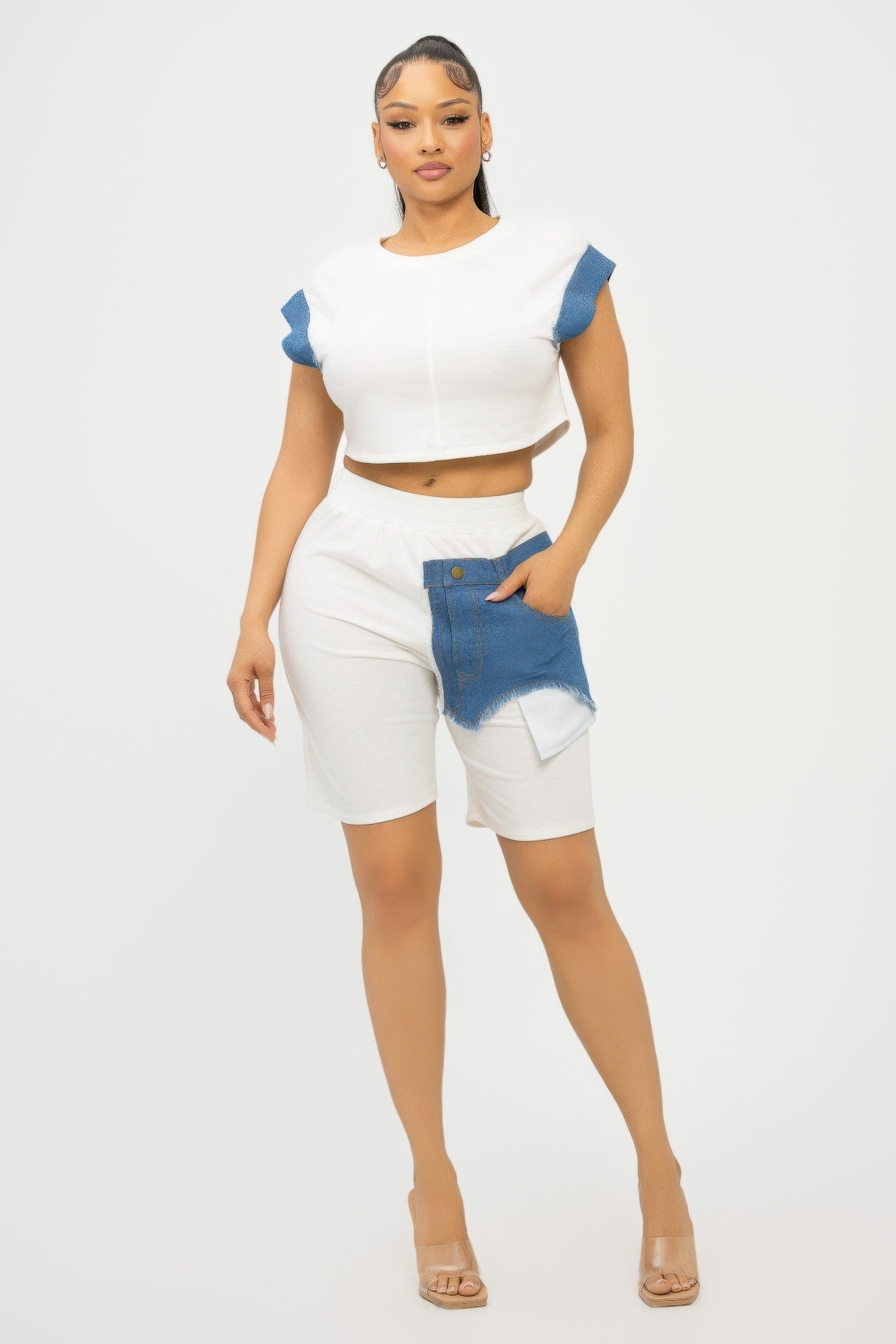 Road block Denim Sleeve Top And Biker Shorts Set - AV Fashion’s
