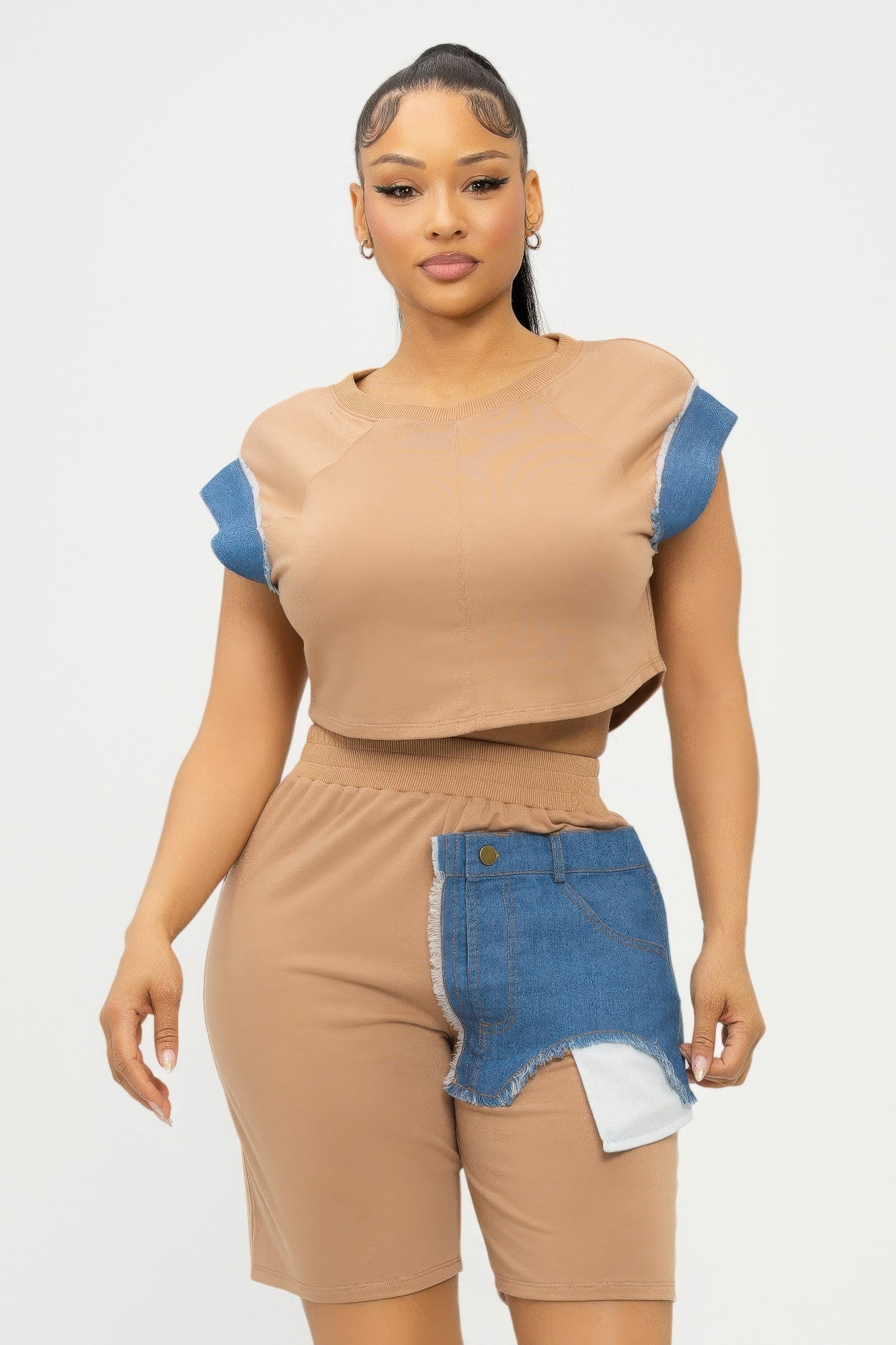 Road block Denim Sleeve Top And Biker Shorts Set - AV Fashion’s
