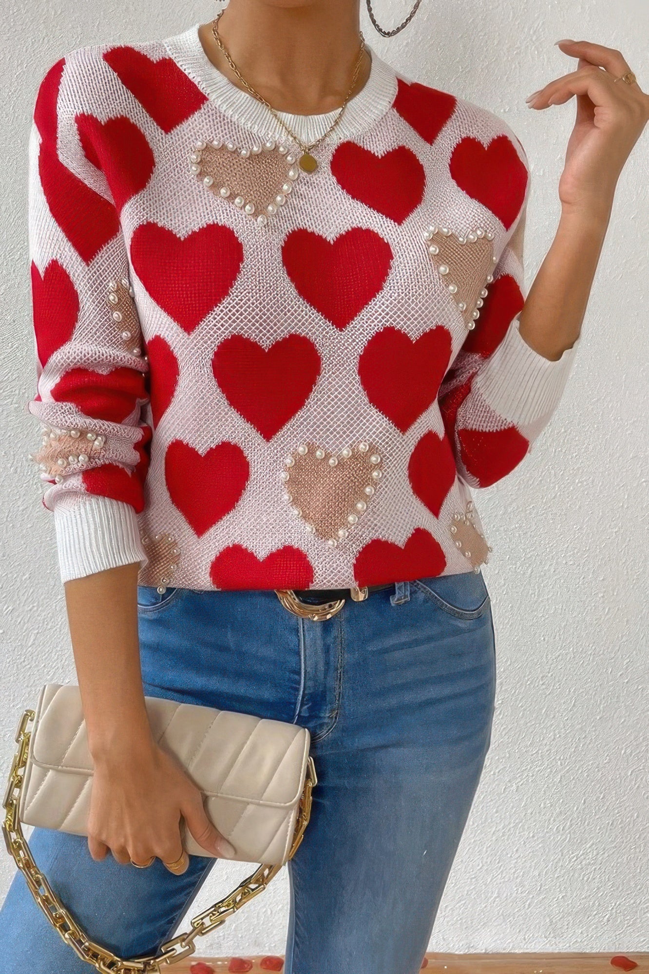 Round Neck Heart Shape Pearl Beads Knit Sweater - AV Fashion’s