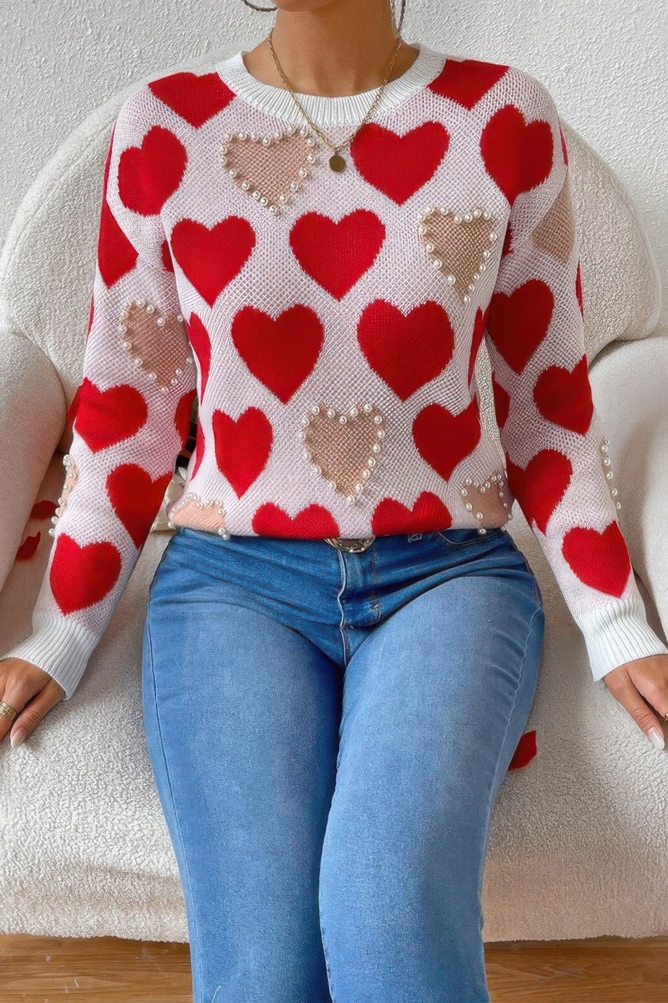Round Neck Heart Shape Pearl Beads Knit Sweater - AV Fashion’s