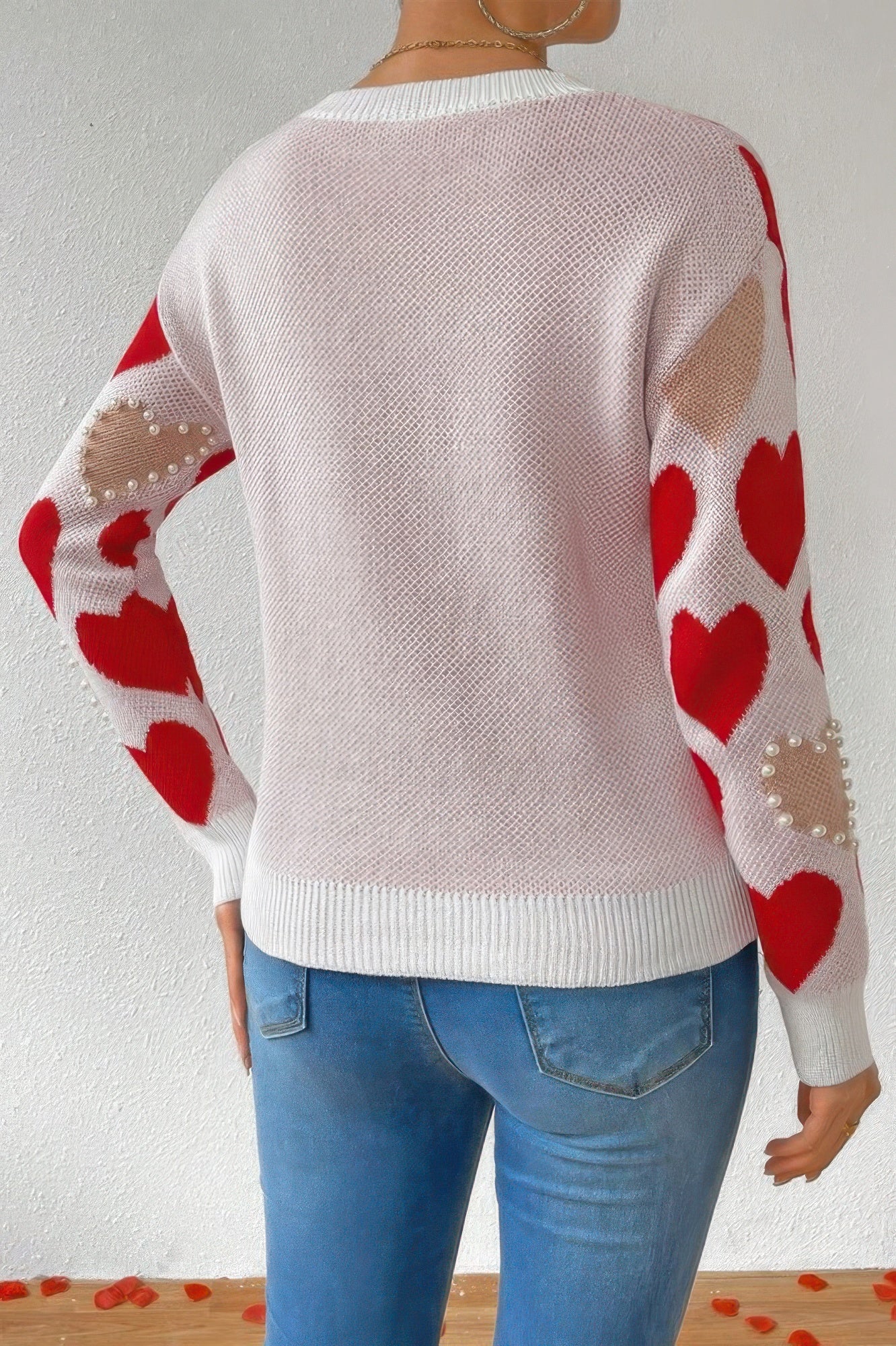 Round Neck Heart Shape Pearl Beads Knit Sweater - AV Fashion’s
