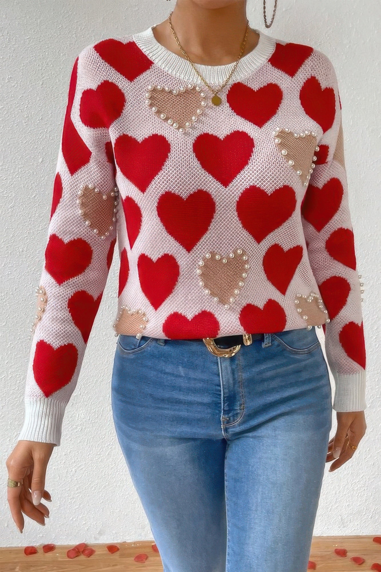 Round Neck Heart Shape Pearl Beads Knit Sweater - AV Fashion’s