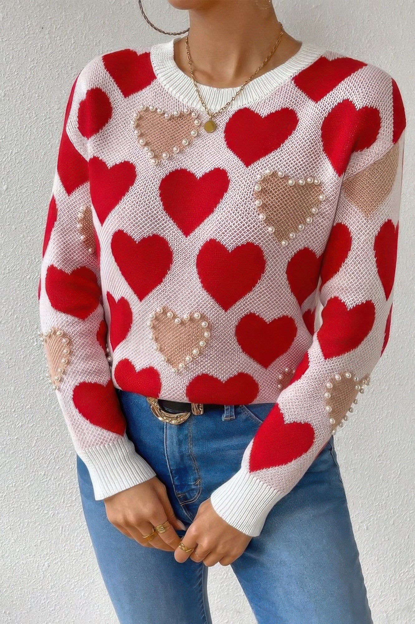 Round Neck Heart Shape Pearl Beads Knit Sweater - AV Fashion’s