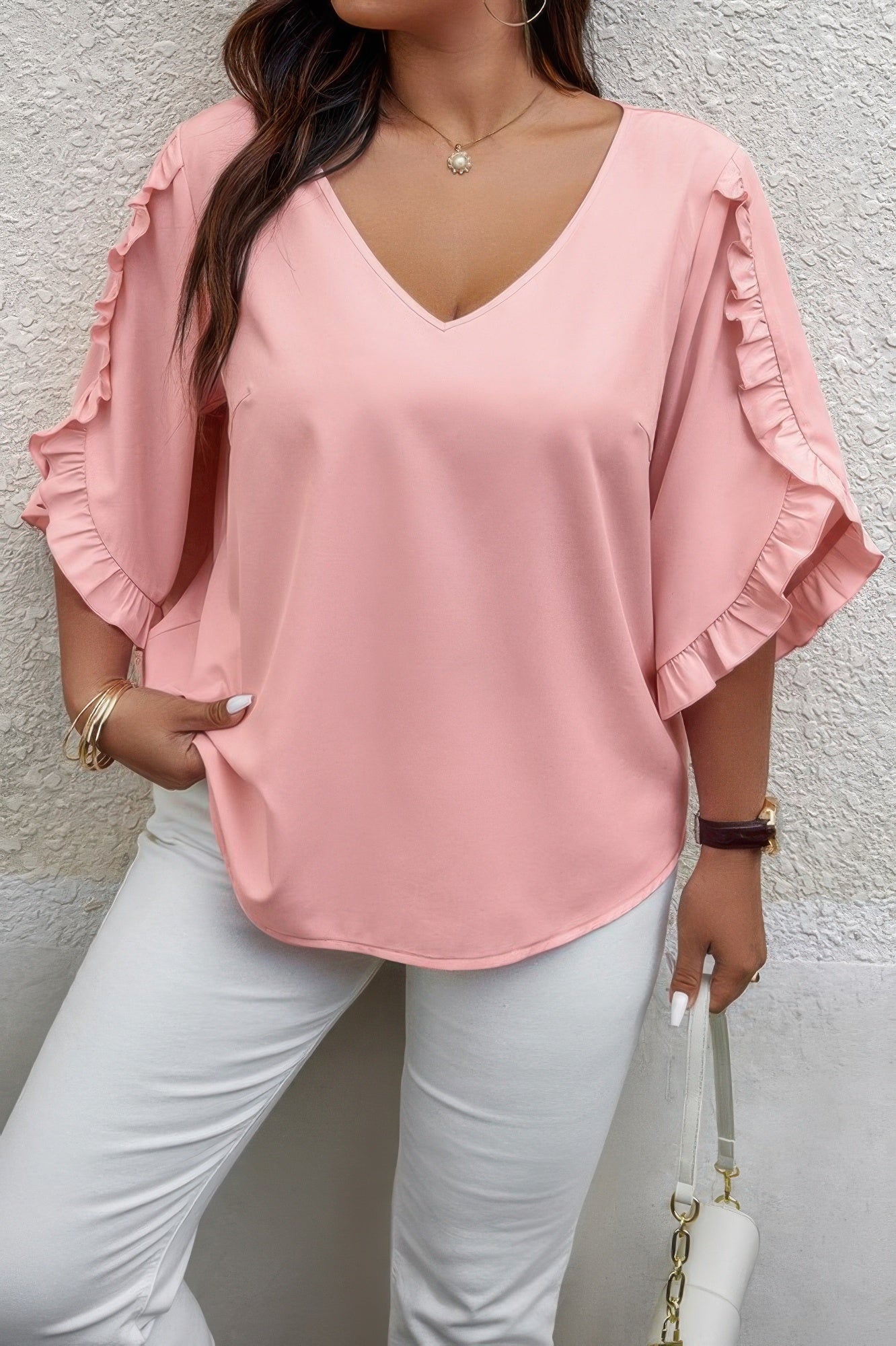 Solid Plus V Neck Ruffle Trim Petal Sleeve Blouse - AV Fashion’s