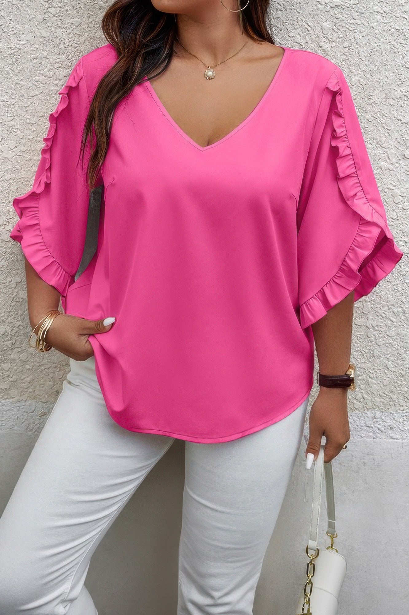Solid Plus V Neck Ruffle Trim Petal Sleeve Blouse - AV Fashion’s