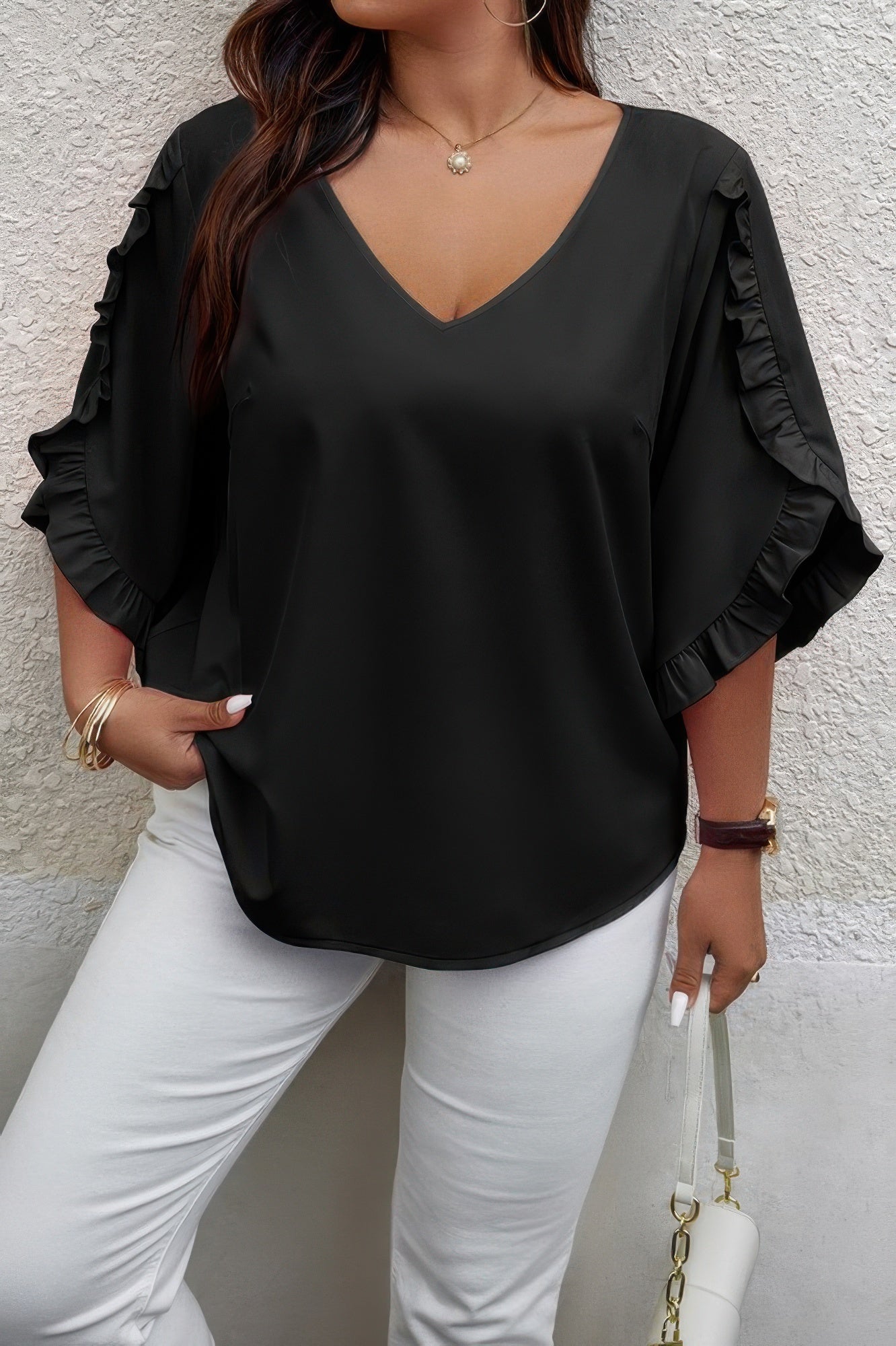 Solid Plus V Neck Ruffle Trim Petal Sleeve Blouse - AV Fashion’s