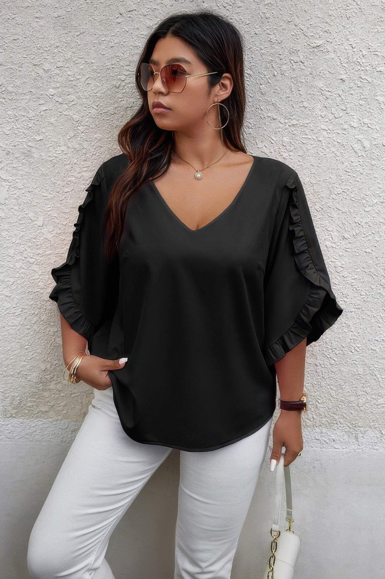 Solid Plus V Neck Ruffle Trim Petal Sleeve Blouse - AV Fashion’s