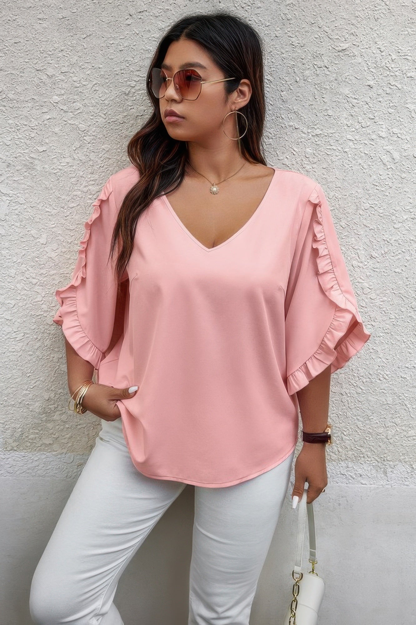 Solid Plus V Neck Ruffle Trim Petal Sleeve Blouse - AV Fashion’s