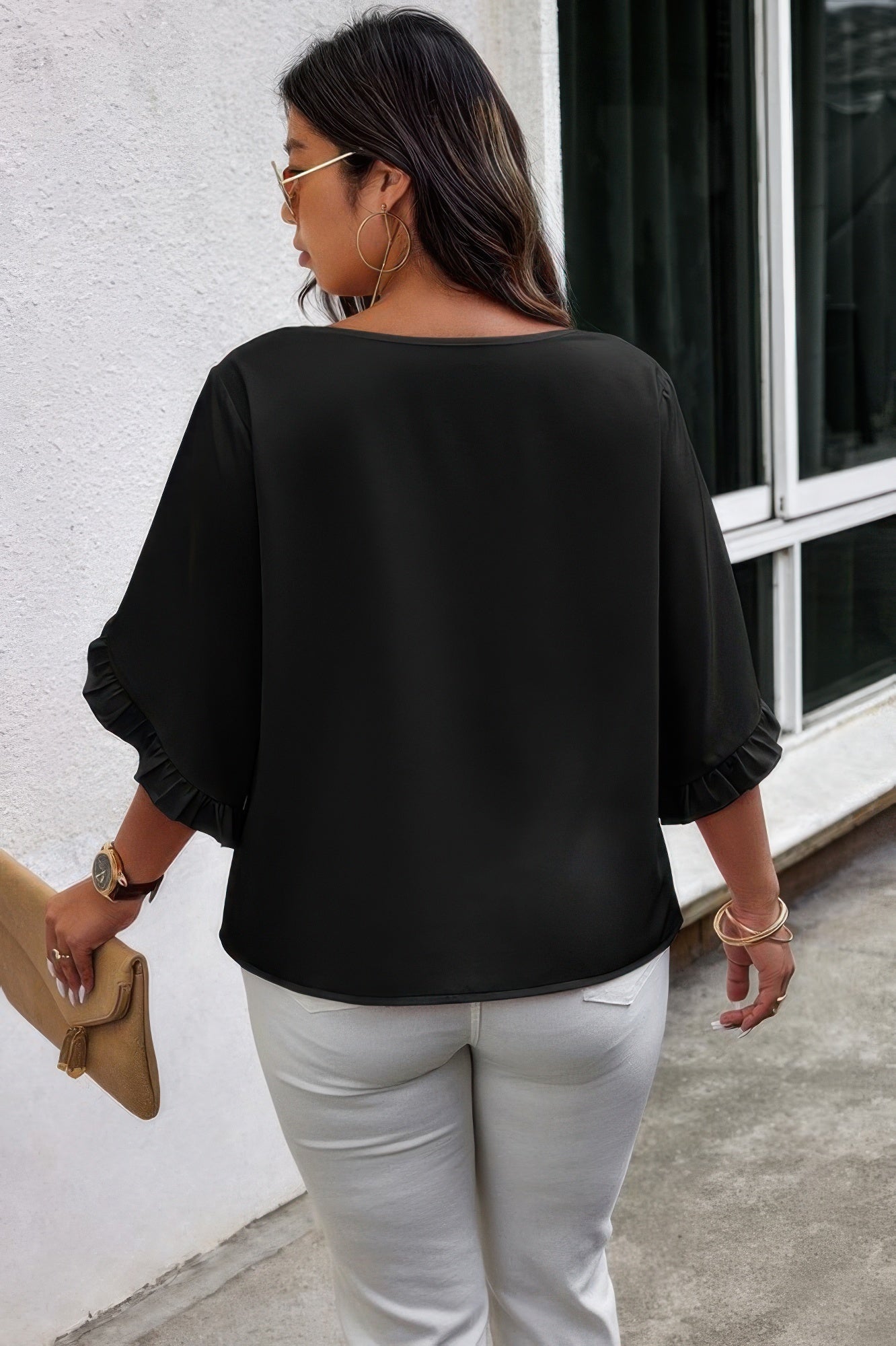 Solid Plus V Neck Ruffle Trim Petal Sleeve Blouse - AV Fashion’s