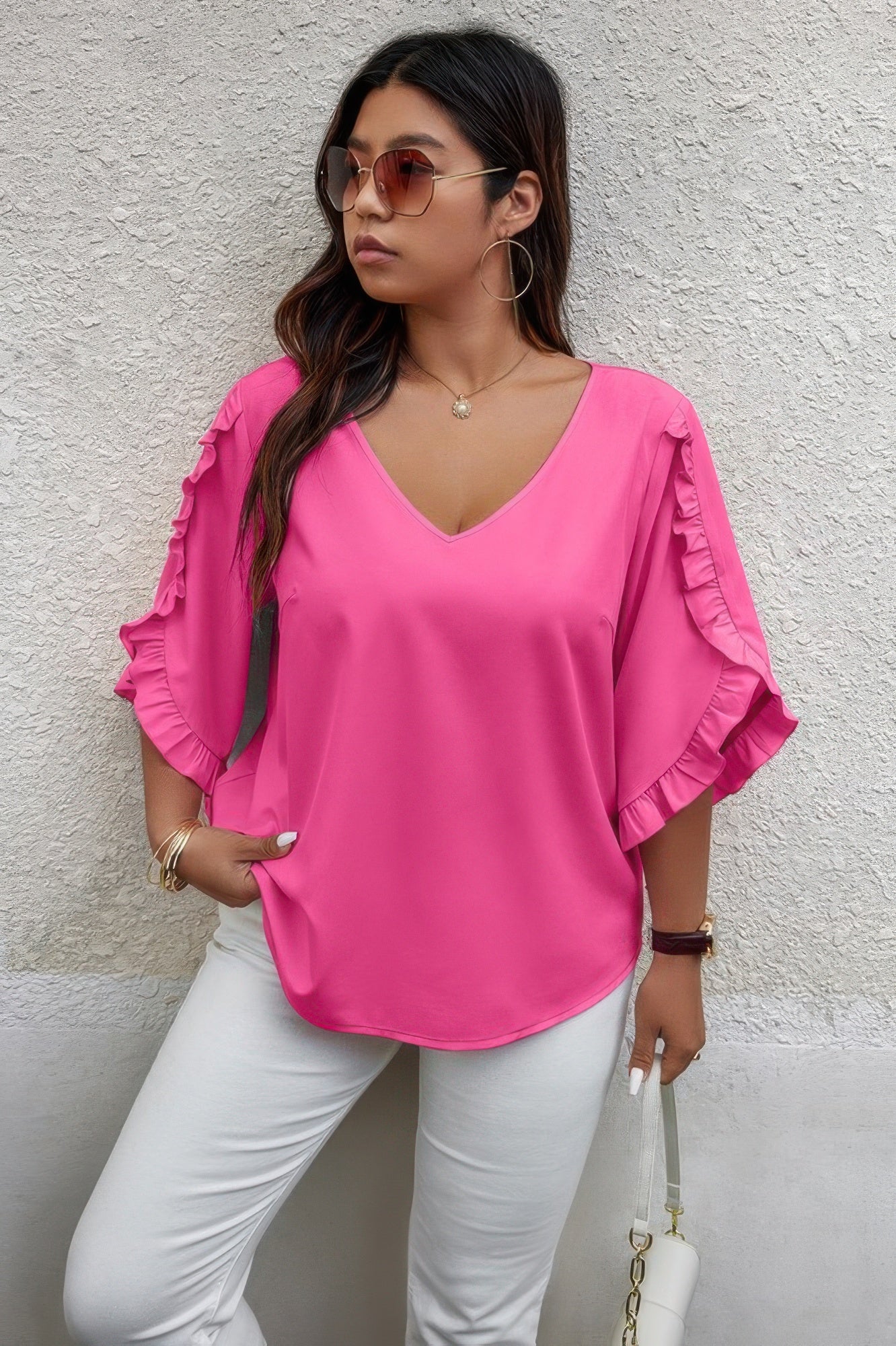 Solid Plus V Neck Ruffle Trim Petal Sleeve Blouse - AV Fashion’s