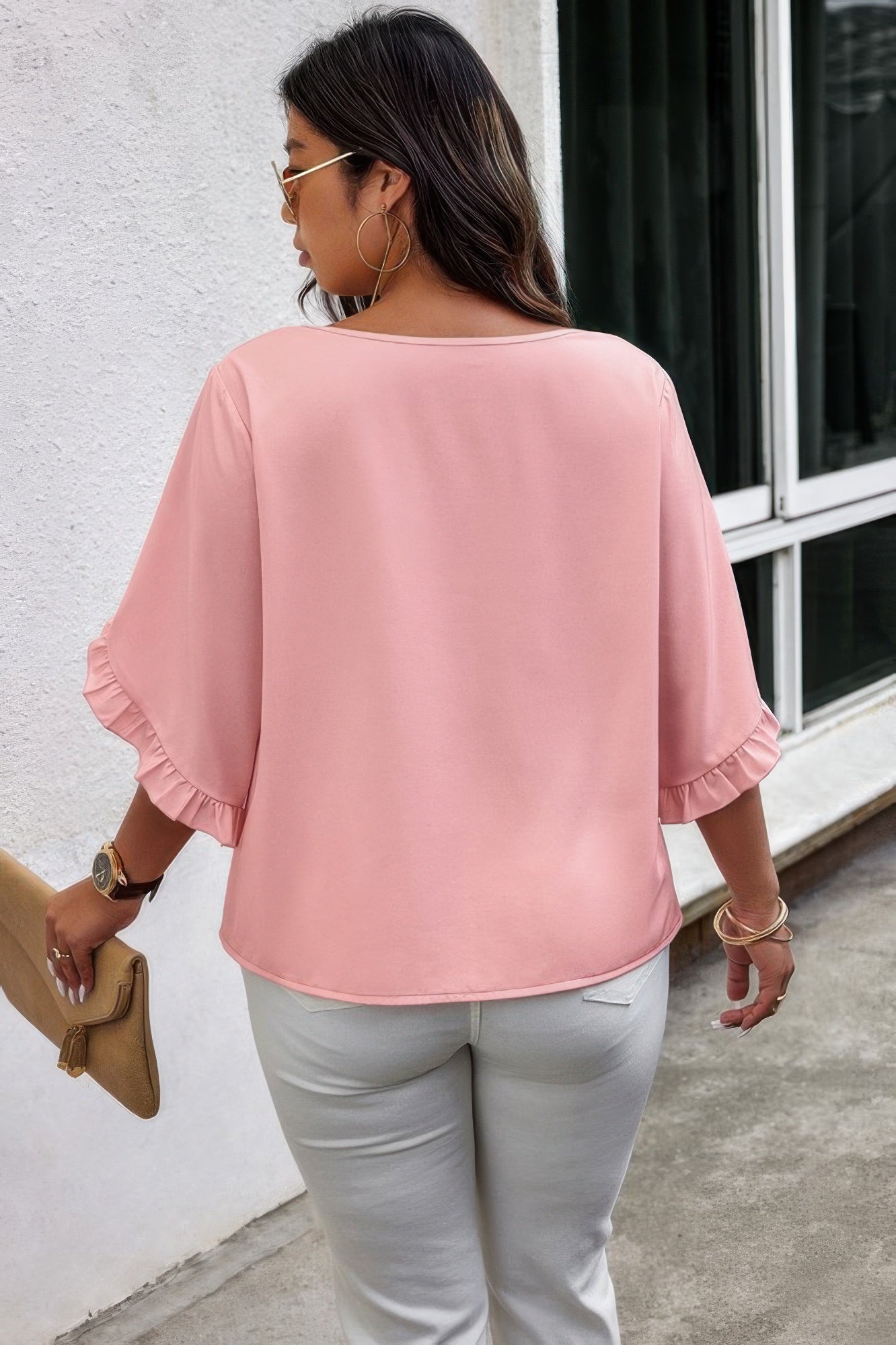 Solid Plus V Neck Ruffle Trim Petal Sleeve Blouse - AV Fashion’s