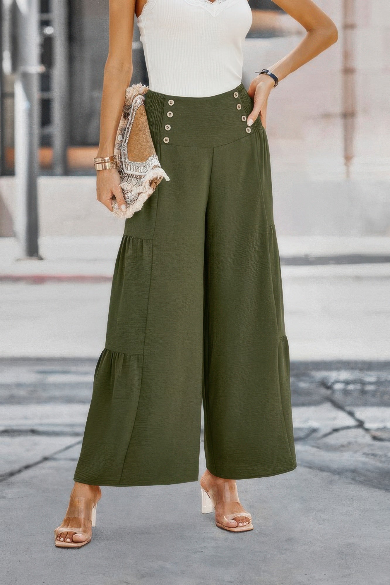Solid Ruffle Button Wide Leg Pant - AV Fashion’s