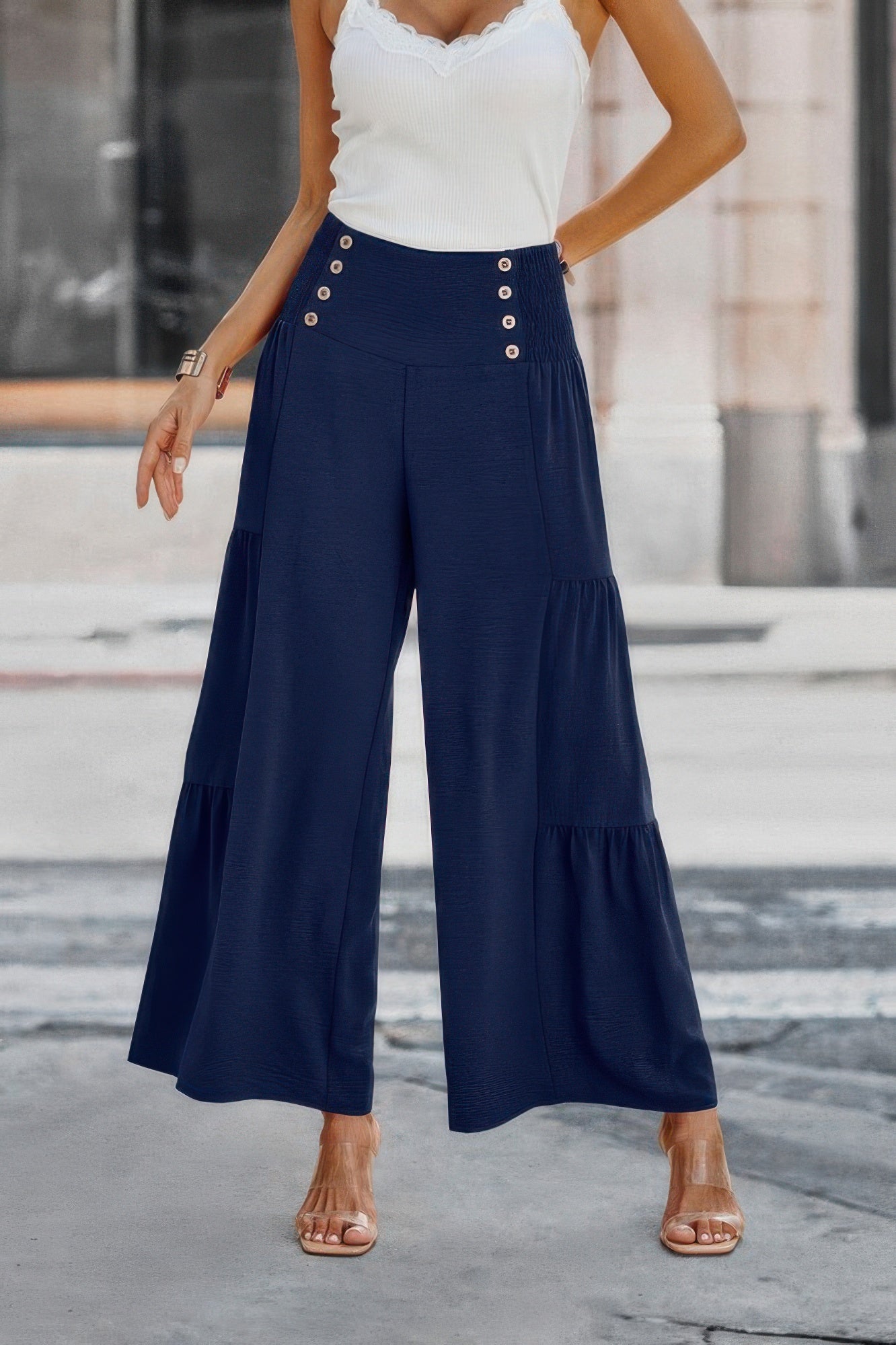 Solid Ruffle Button Wide Leg Pant - AV Fashion’s