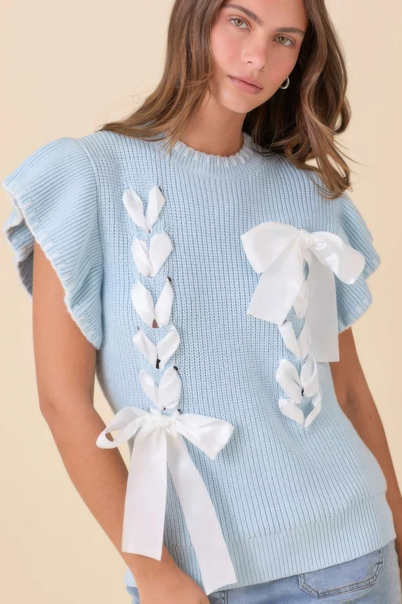 Weaved Ribbon Bow Detail Sweater Knit Top - AV Fashion’s