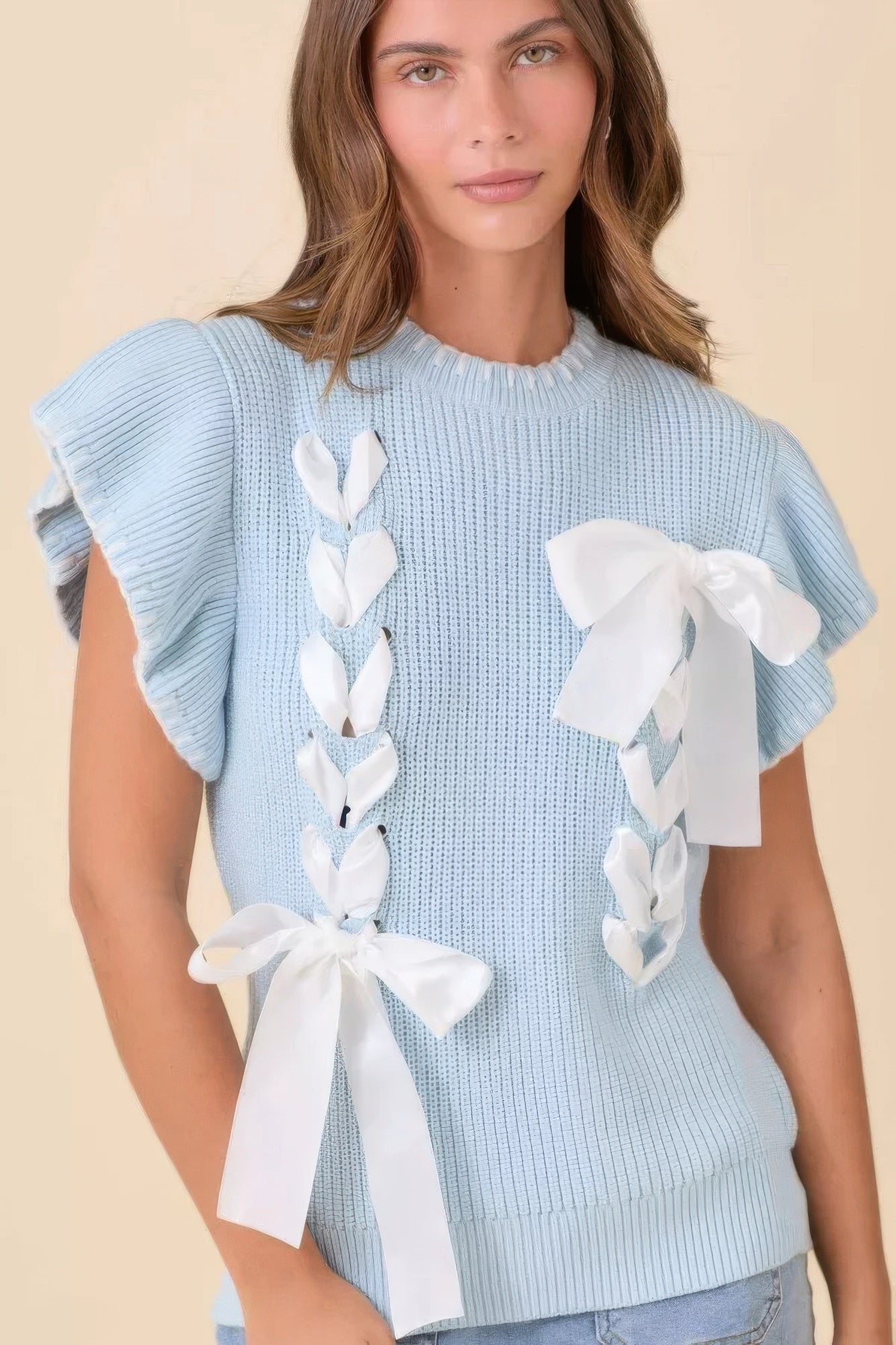 Weaved Ribbon Bow Detail Sweater Knit Top - AV Fashion’s