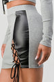 2 Piece Set With Cropped Long Sleeve Shirt With Pu Leather Detail Matching Mini Skirt - AV Fashion’s