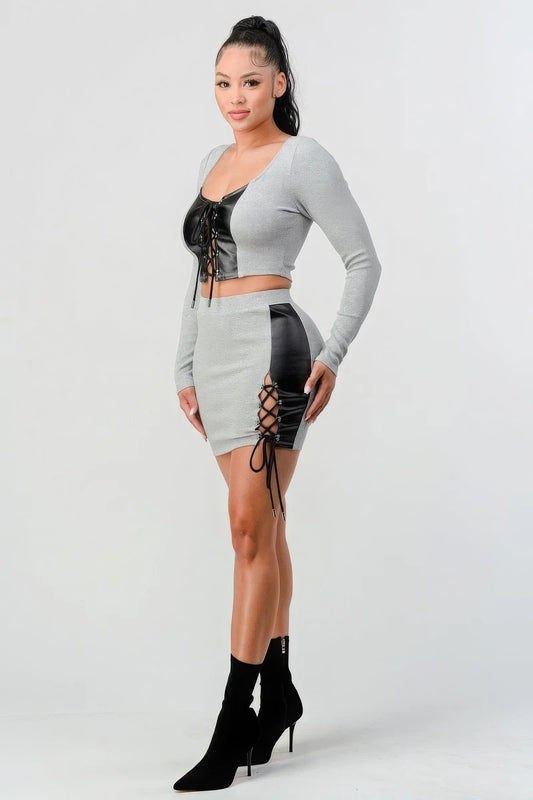 2 Piece Set With Cropped Long Sleeve Shirt With Pu Leather Detail Matching Mini Skirt - AV Fashion’s