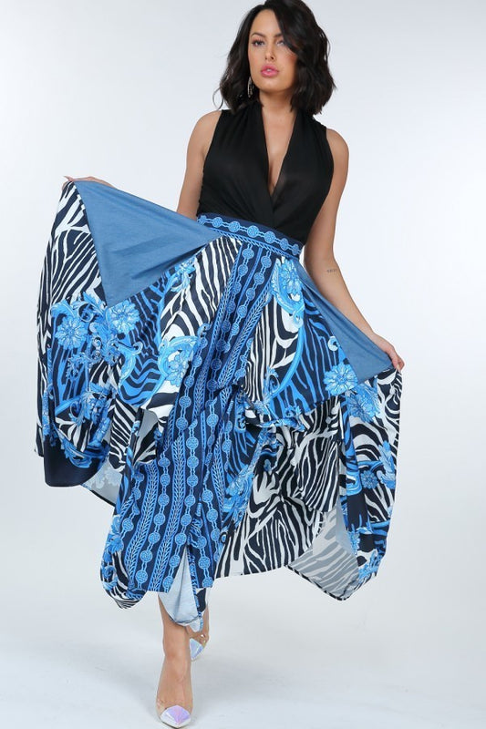 Animal Chain Print Denim Tacked Maxi Skirt In Black Gold - AV Fashion’s