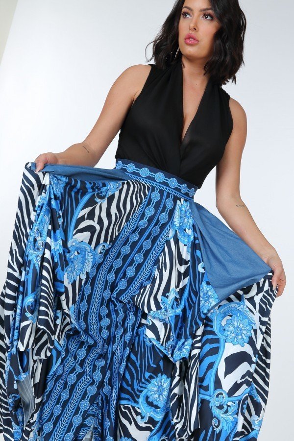 Animal Chain Print Denim Tacked Maxi Skirt In Black Gold - AV Fashion’s