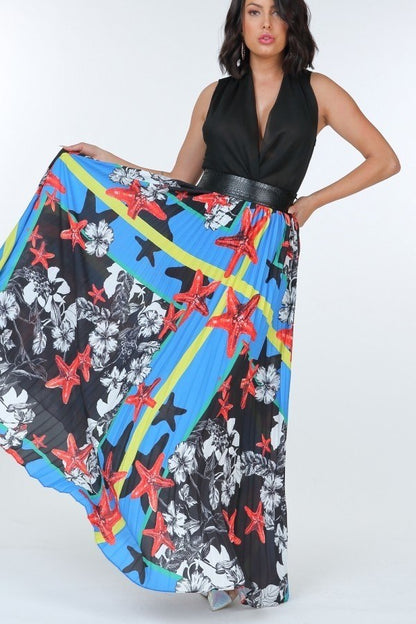 Pleated Print Maxi Skirt With Leather Waist Band - AV Fashion’s