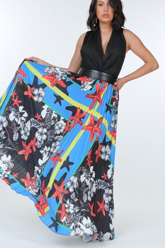 Pleated Print Maxi Skirt With Leather Waist Band - AV Fashion’s