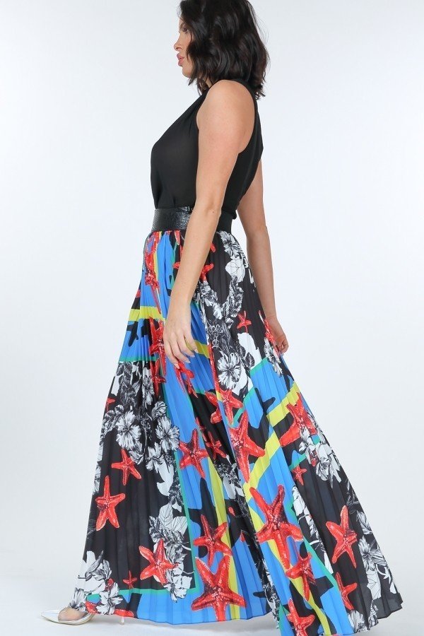 Pleated Print Maxi Skirt With Leather Waist Band - AV Fashion’s