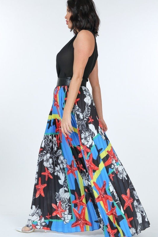 Pleated Print Maxi Skirt With Leather Waist Band - AV Fashion’s
