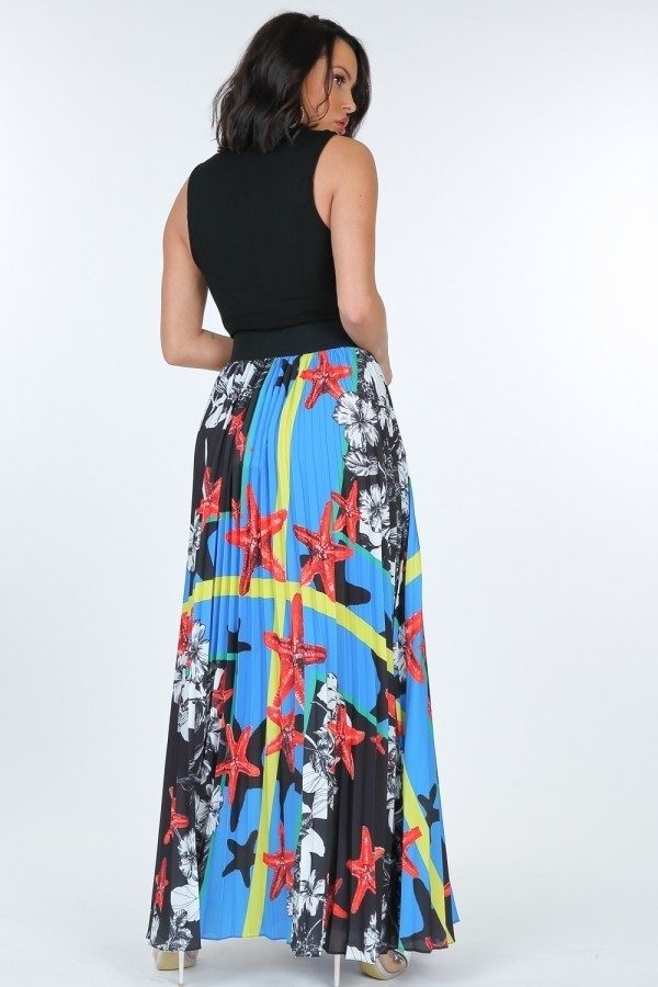 Pleated Print Maxi Skirt With Leather Waist Band - AV Fashion’s