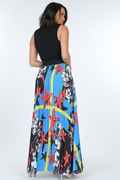 Pleated Print Maxi Skirt With Leather Waist Band - AV Fashion’s