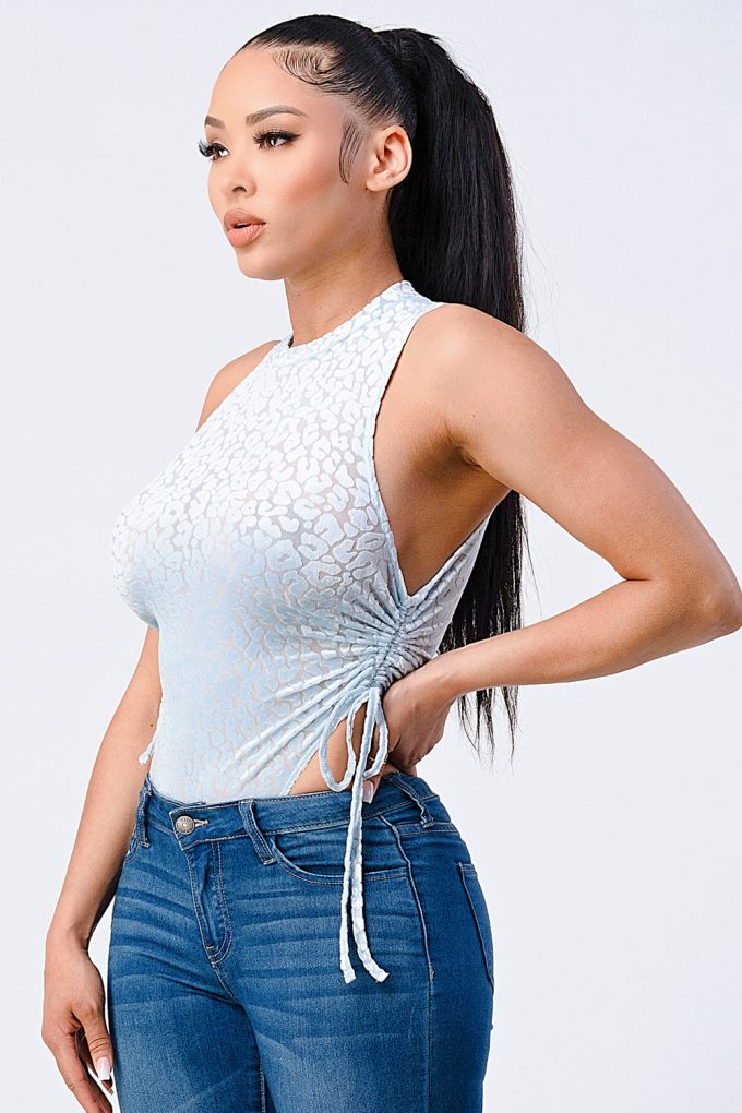 Velvet Leopard Side Shirring Extreme Cut Bodysuit - AV Fashion’s