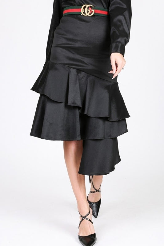 Asymmetrical Ruffle Bottom Satin Skirt - AV Fashion’s