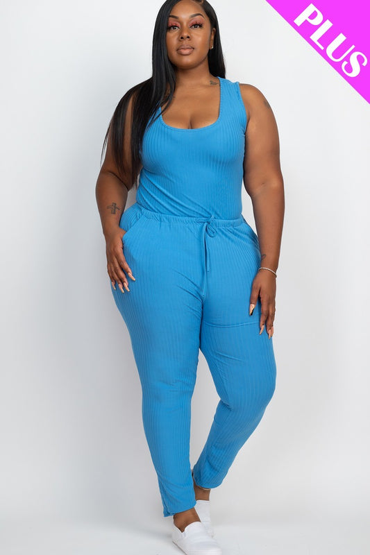 Plus Ribbed Sleeveless Drawstring Jumpsuit - AV Fashion’s