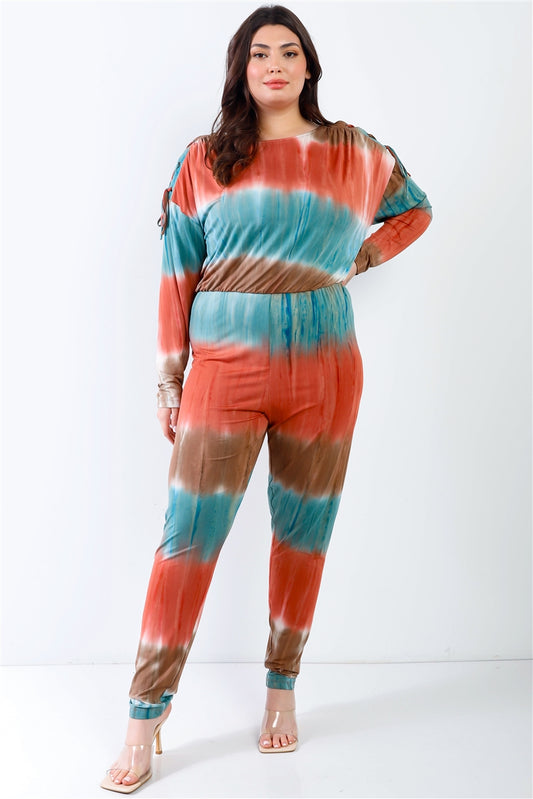 Plus Tie-dye Lace Up Shoulder Details Back Wrap Cut-out Jumpsuit - AV Fashion’s