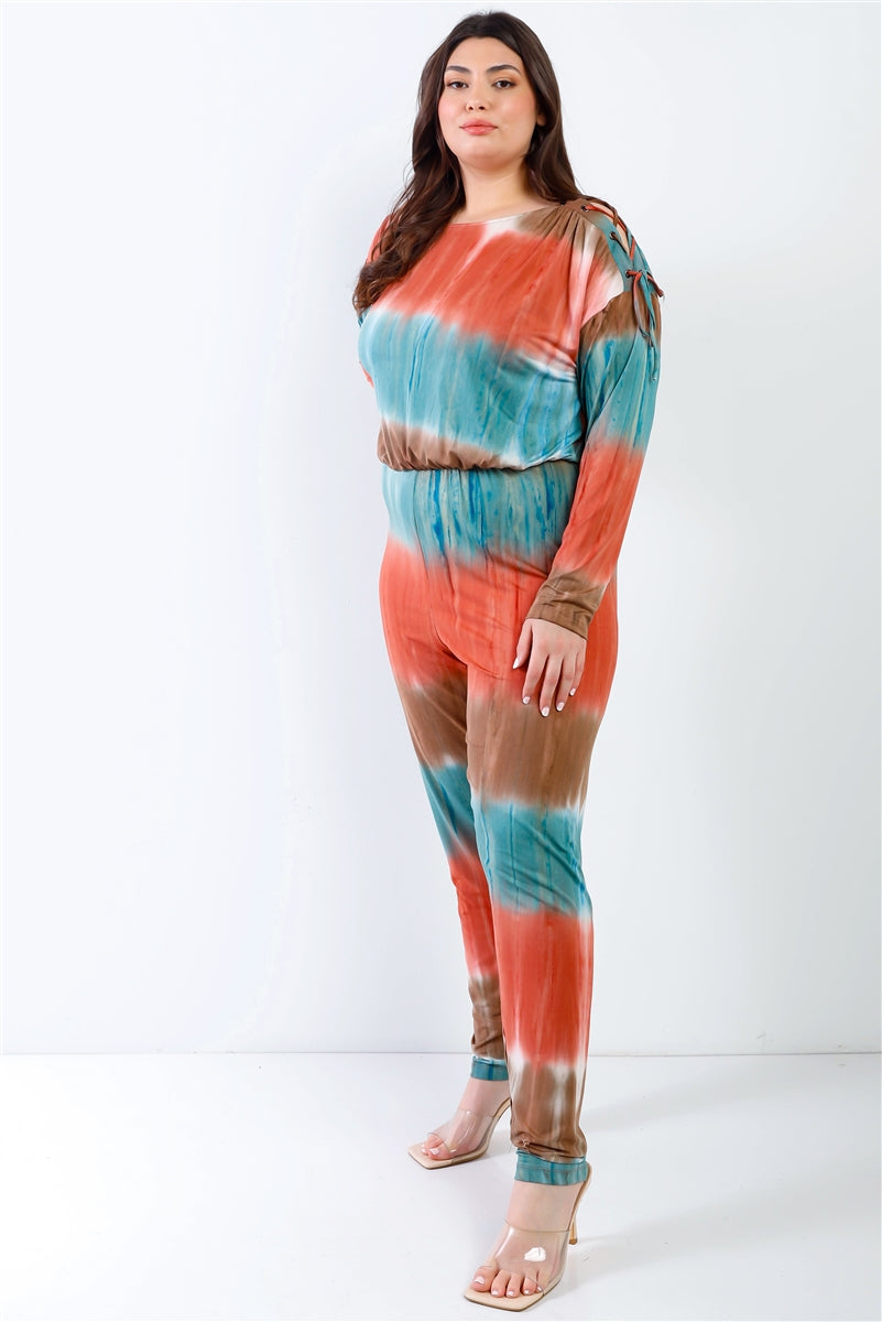 Plus Tie-dye Lace Up Shoulder Details Back Wrap Cut-out Jumpsuit - AV Fashion’s