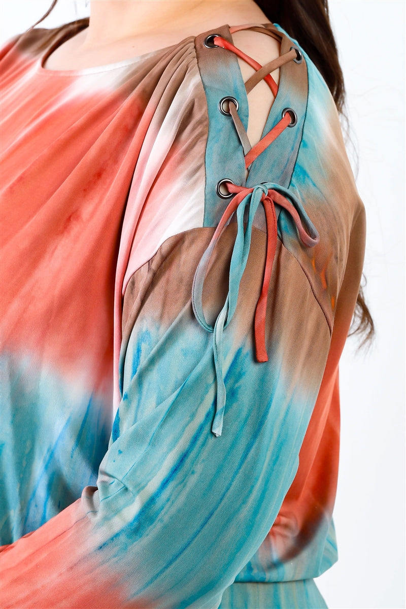 Plus Tie-dye Lace Up Shoulder Details Back Wrap Cut-out Jumpsuit - AV Fashion’s