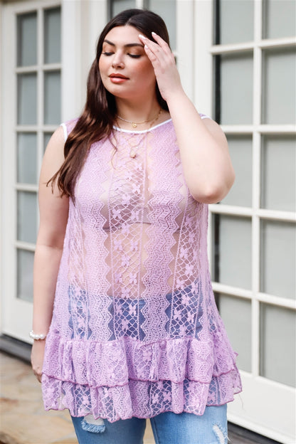 Plus Lace Sheer Ruffle Hem Sleeveless Maxi Top - AV Fashion’s