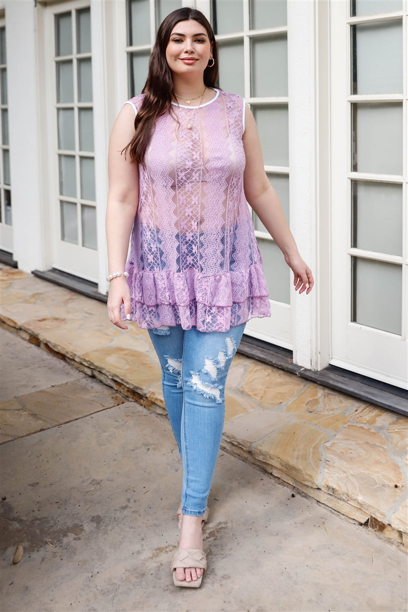 Plus Lace Sheer Ruffle Hem Sleeveless Maxi Top - AV Fashion’s