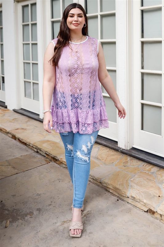 Plus Lace Sheer Ruffle Hem Sleeveless Maxi Top - AV Fashion’s