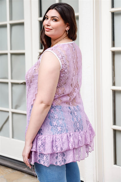 Plus Lace Sheer Ruffle Hem Sleeveless Maxi Top - AV Fashion’s