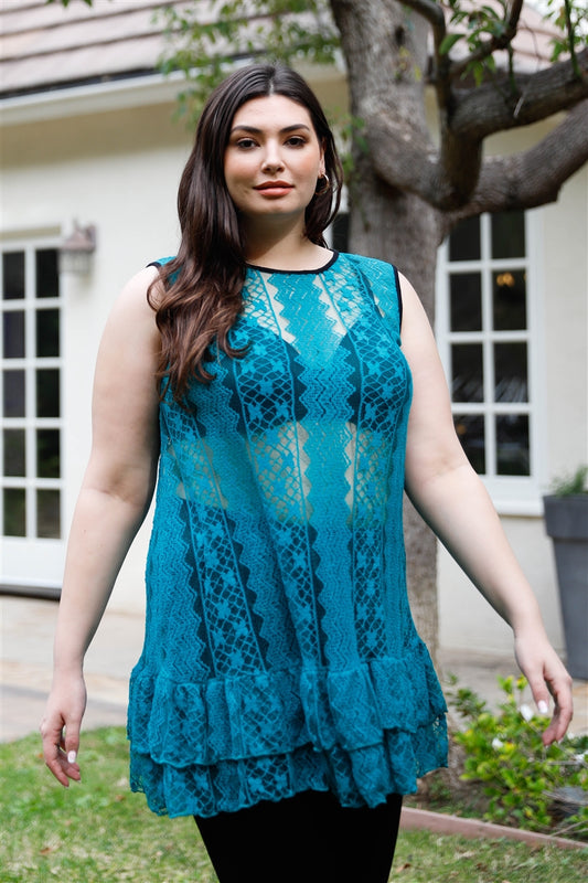 Plus Lace Sheer Ruffle Hem Sleeveless Maxi Top - AV Fashion’s