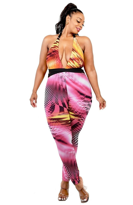 Plus Color Pattern Criss Cross Mock Neck Jumpsuit - AV Fashion’s