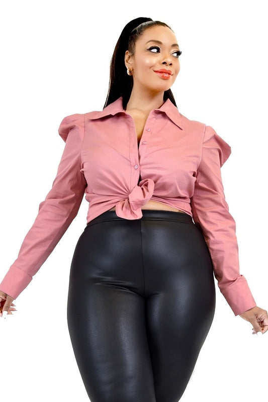Plus Solid Poplin Puff Sleeve Shirt - AV Fashion’s