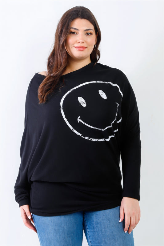 Plus Smile Front Print Flannel Dolman Sleeve Top - AV Fashion’s